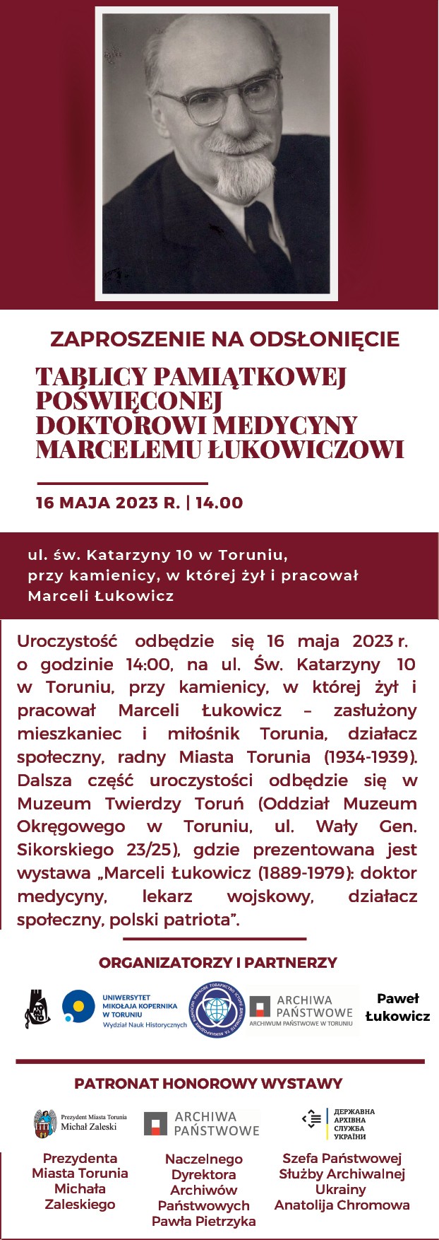 16 maja 2023 r. - Uroczyste odsłonięcie tablicy pamiątkowej poświęconej dr. med. Marcelemu Łukowiczowi – Toruń, ul. św. Katarzyny 10